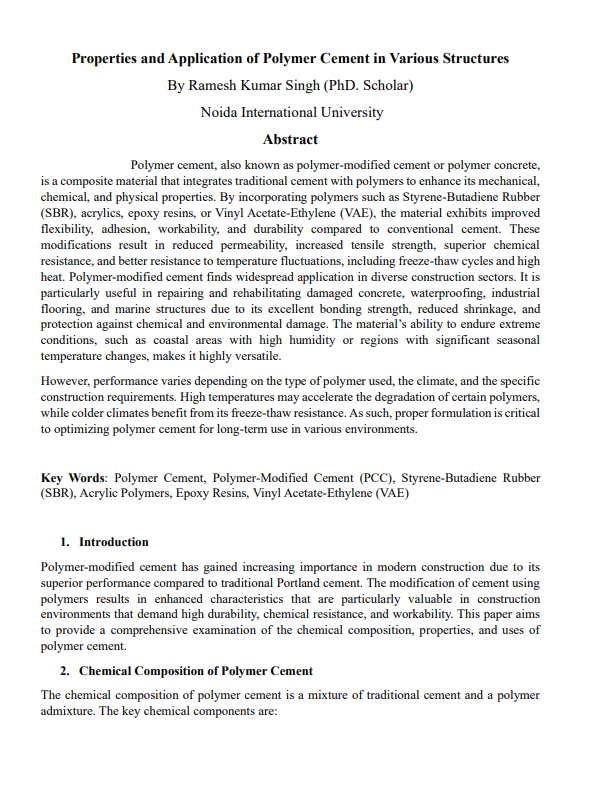 Properties and Application of Polymer Cement in Various Structures